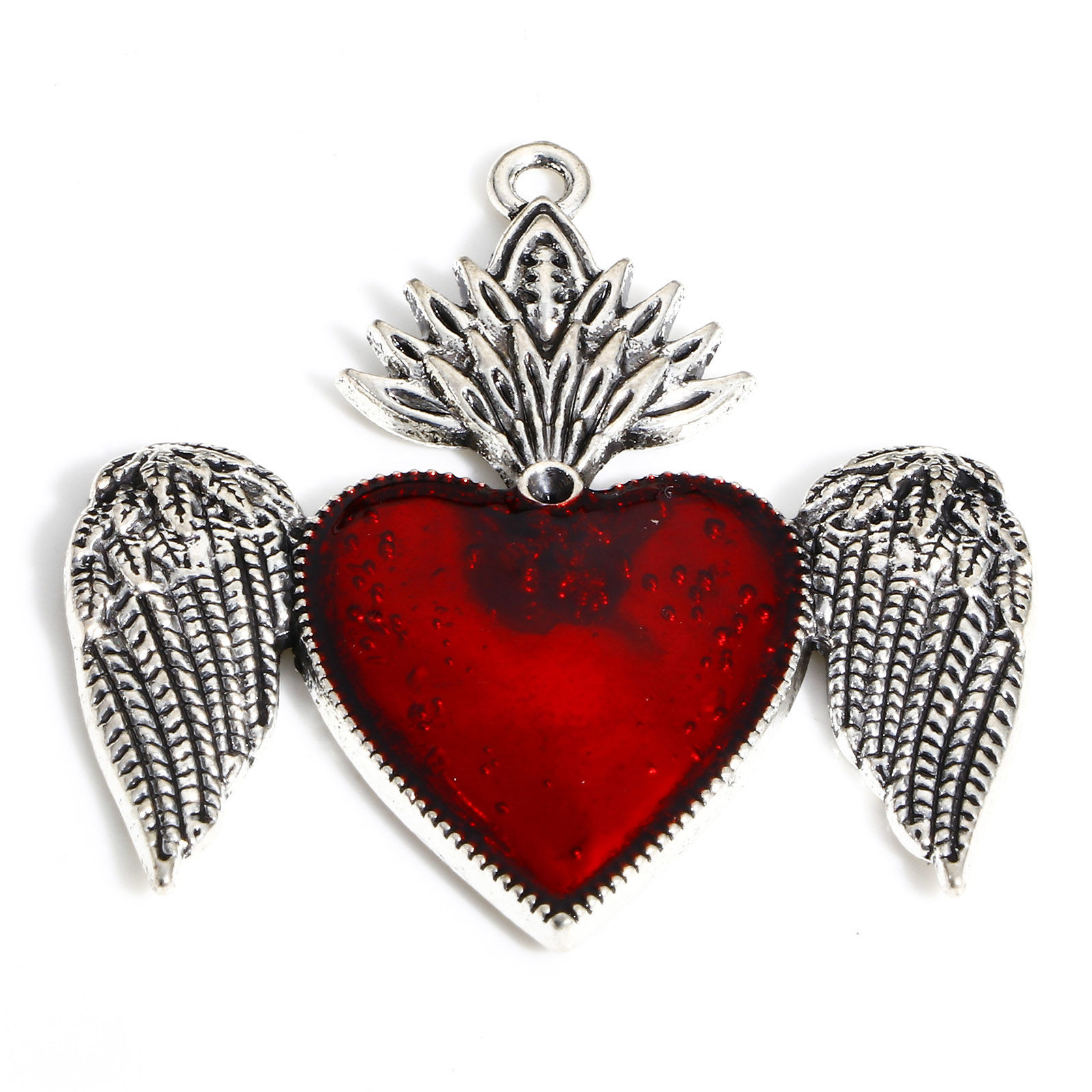 Picture of Zinc Based Alloy Religious Pendants Antique Silver Color Red Ex Voto Heart Wing Enamel 4.4cm x 4.3cm, 5 PCs