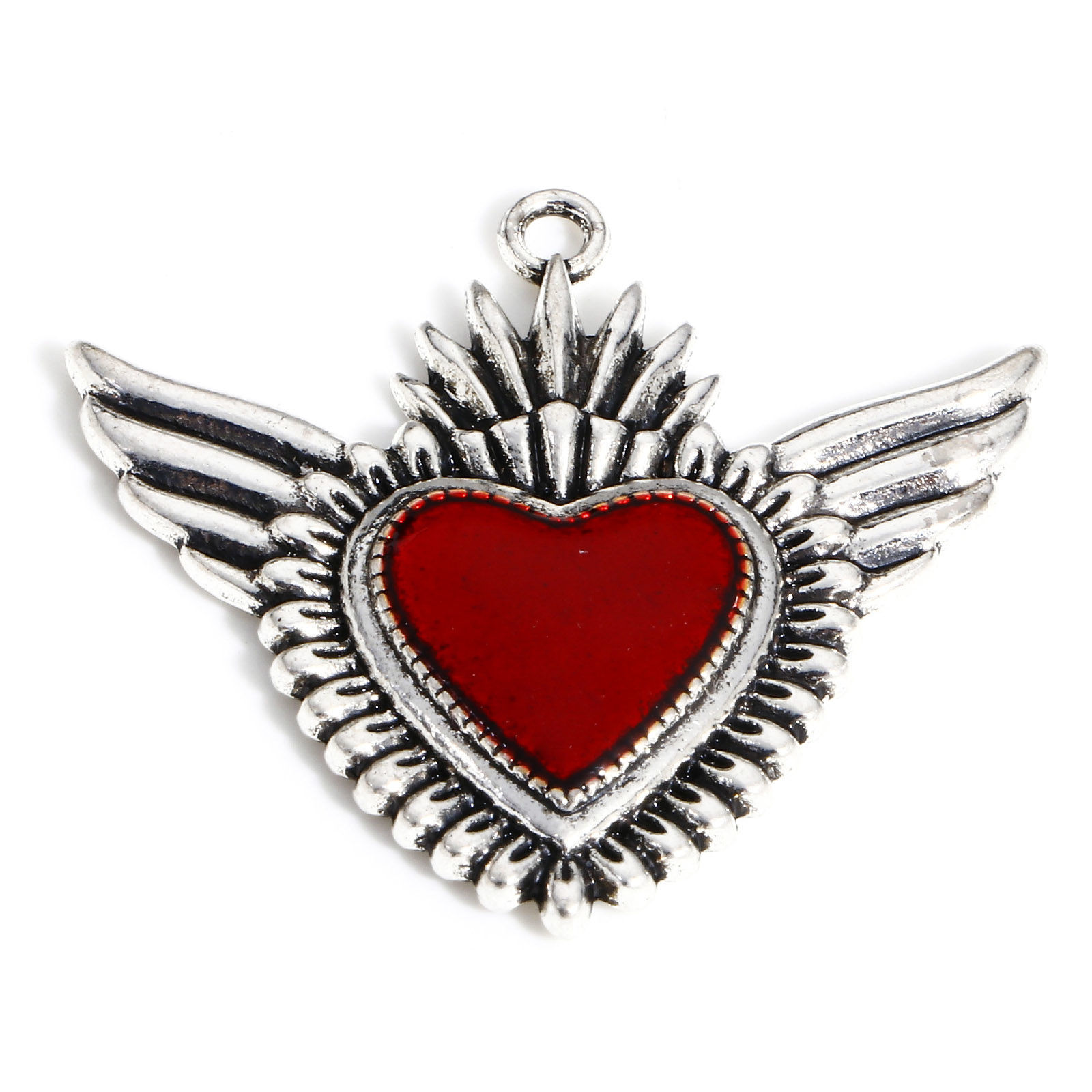 Picture of Zinc Based Alloy Religious Pendants Antique Silver Color Red Ex Voto Heart Wing Enamel 4cm x 3.6cm, 5 PCs
