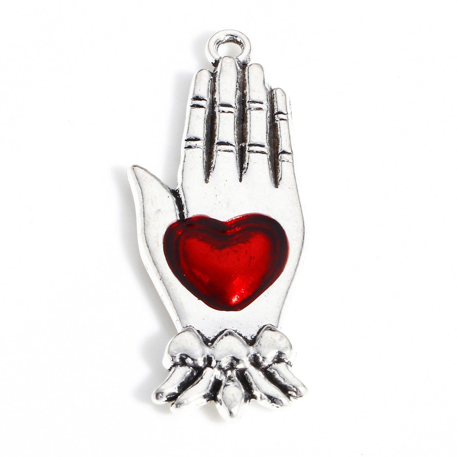 Picture of Zinc Based Alloy Religious Pendants Antique Silver Color Red Ex Voto Heart Hand Enamel 4.4cm x 1.7cm, 5 PCs