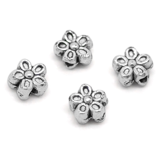 Picture of Zinc Based Alloy Spacer Beads Flower Antique Silver About 6mm x6mm - 7mm x7mm, Hole:Approx 1.3mm, 50 PCs