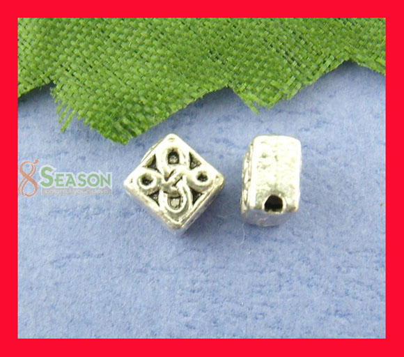 Picture of Zinc Based Alloy Spacer Beads Square Antique Silver Color Carved Pattern Color Plated About 5mm x 5mm, Hole: Approx 1mm, 120 PCs