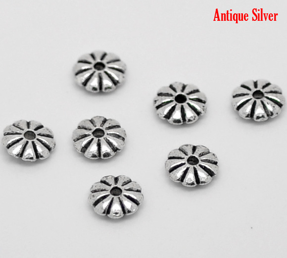 Picture of Zinc Based Alloy Spacer Beads Daisy Flower Antique Silver Color About 7mm Dia, Hole:Approx 1.3mm, 100 PCs