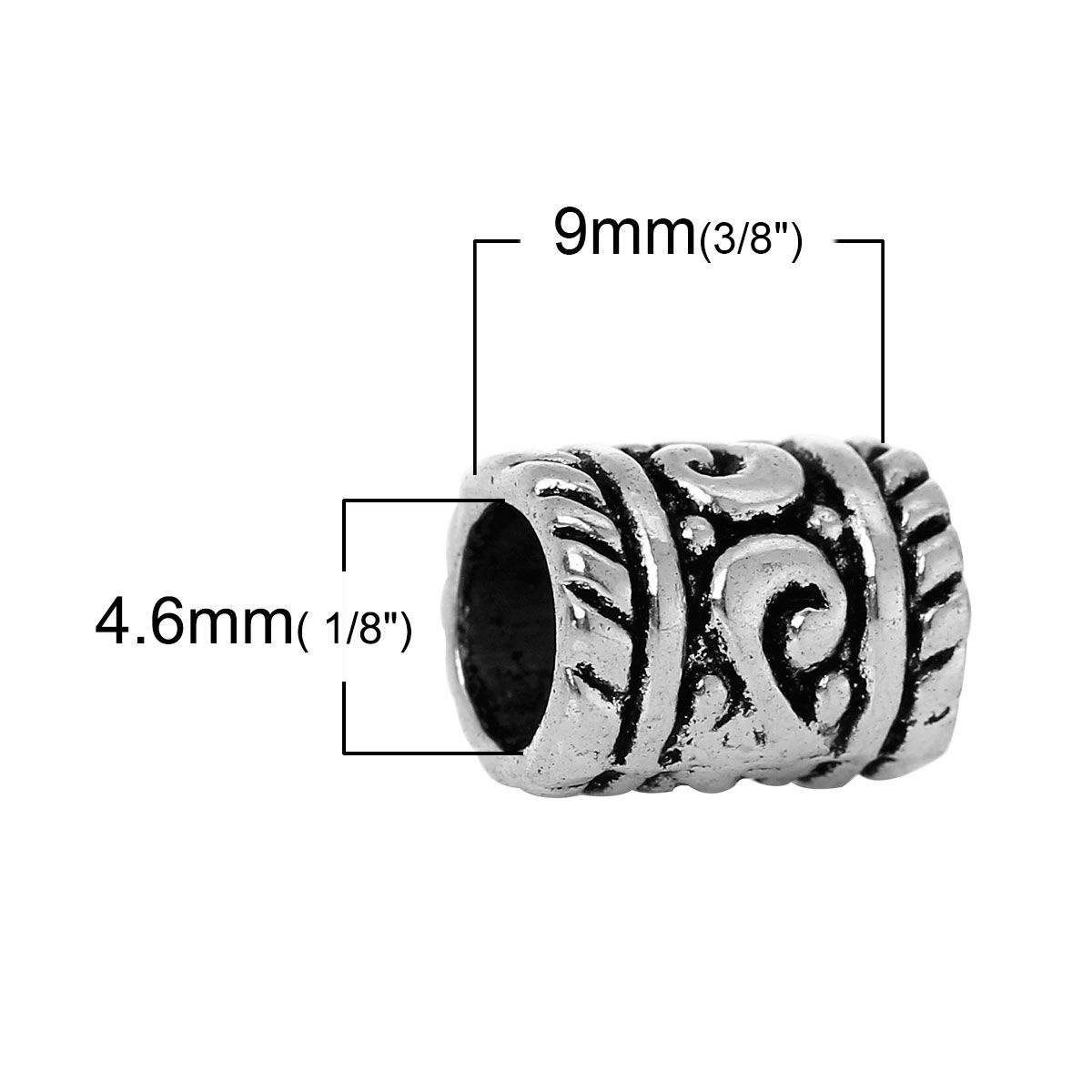 Picture of Zinc Metal Alloy European Style Large Hole Charm Beads Cylinder Antique Silver Alphabet/Letter " S " Carved About 9mm x7mm, Hole: Approx 4.6mm, 50 PCs