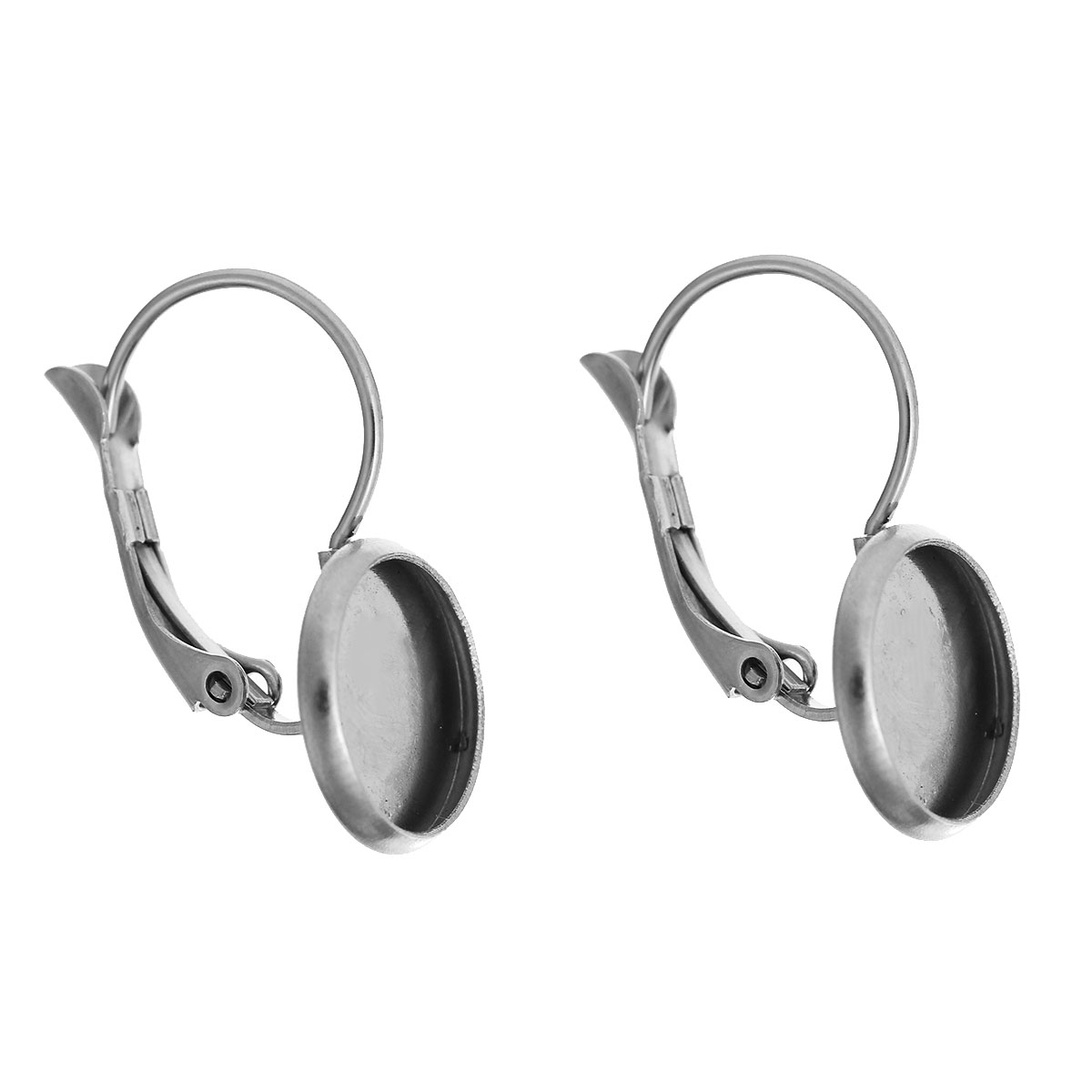 Picture of Stainless Steel Lever Back Clips Earrings Silver Tone Cabochon Settings (Fit 10mm Dia.) 23mm( 7/8") x 12mm( 4/8"), Post/ Wire Size: (20 gauge), 10 PCs