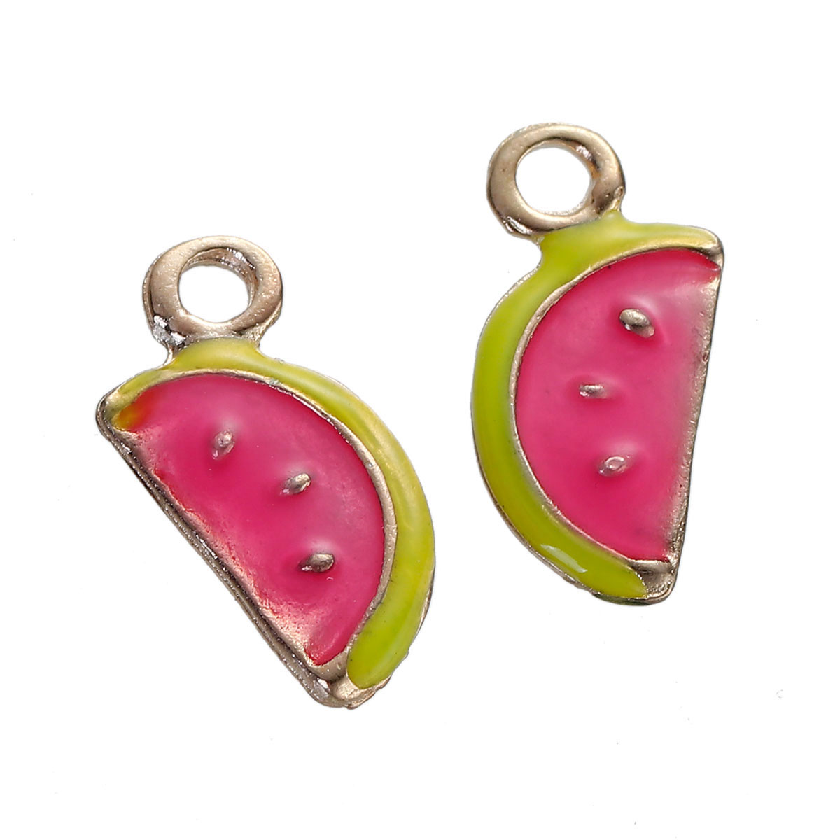 Picture of Zinc Based Alloy Charms Watermelon Fruit Gold Plated Red & Green Enamel 17mm( 5/8") x 8mm( 3/8"), 5 PCs