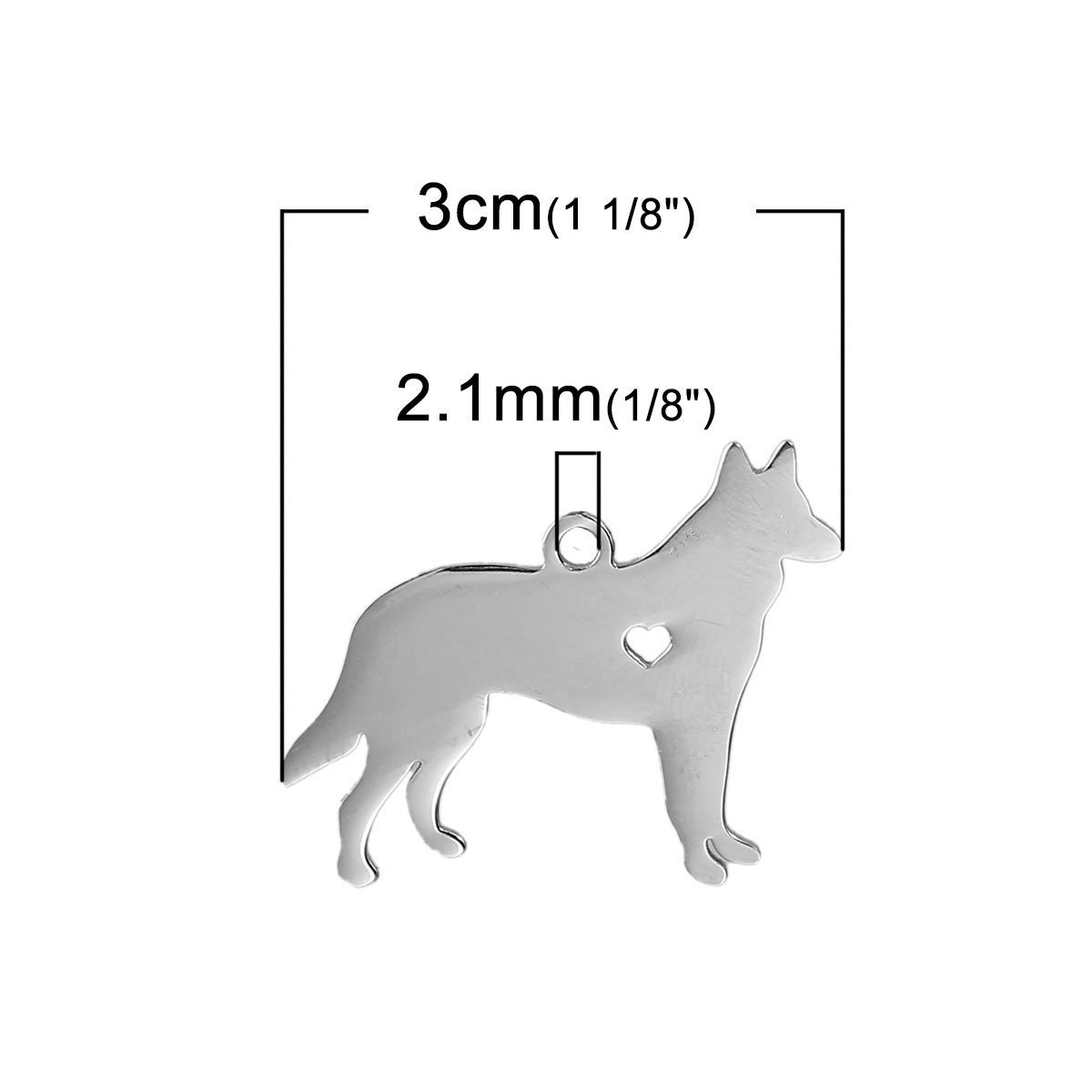 Picture of 304 Stainless Steel Pet Silhouette Blank Stamping Tags Pendants German Shepherd Animal Heart Silver Tone One-sided Polishing 30mm x 23mm, 1 Piece
