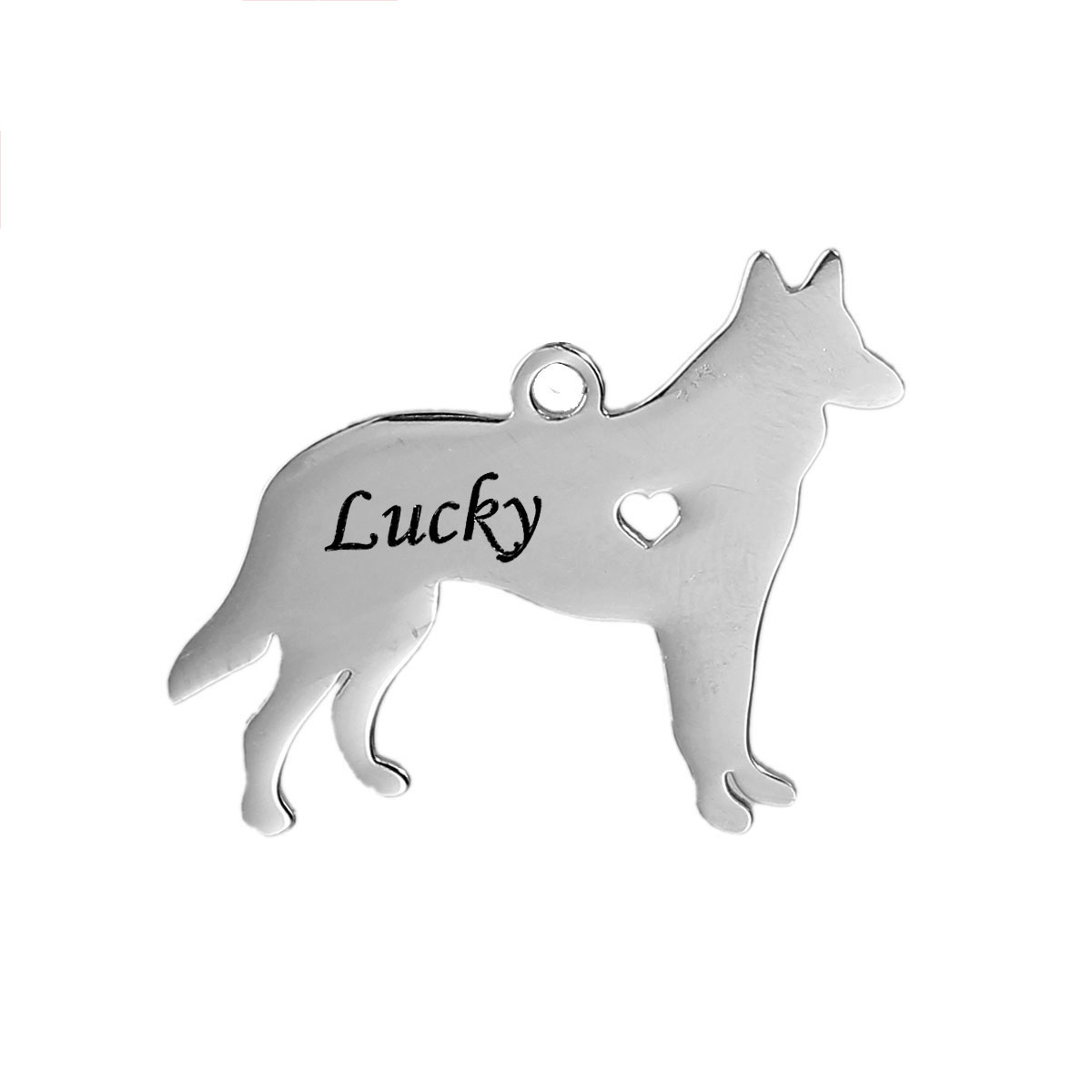 Picture of 1 Piece 304 Stainless Steel Pet Silhouette Blank Stamping Tags Pendants German Shepherd Animal Heart Silver Tone Double-sided Polishing 30mm x 23mm