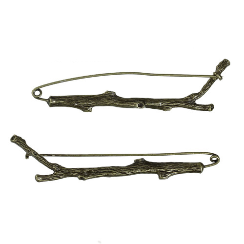 Picture of Iron Based Alloy Safety Pin Brooches Branch Antique Bronze 8.6cm x2cm(3 3/8" x 6/8") - 8.3cm x2.2cm(3 2/8" x 7/8"), 2 PCs