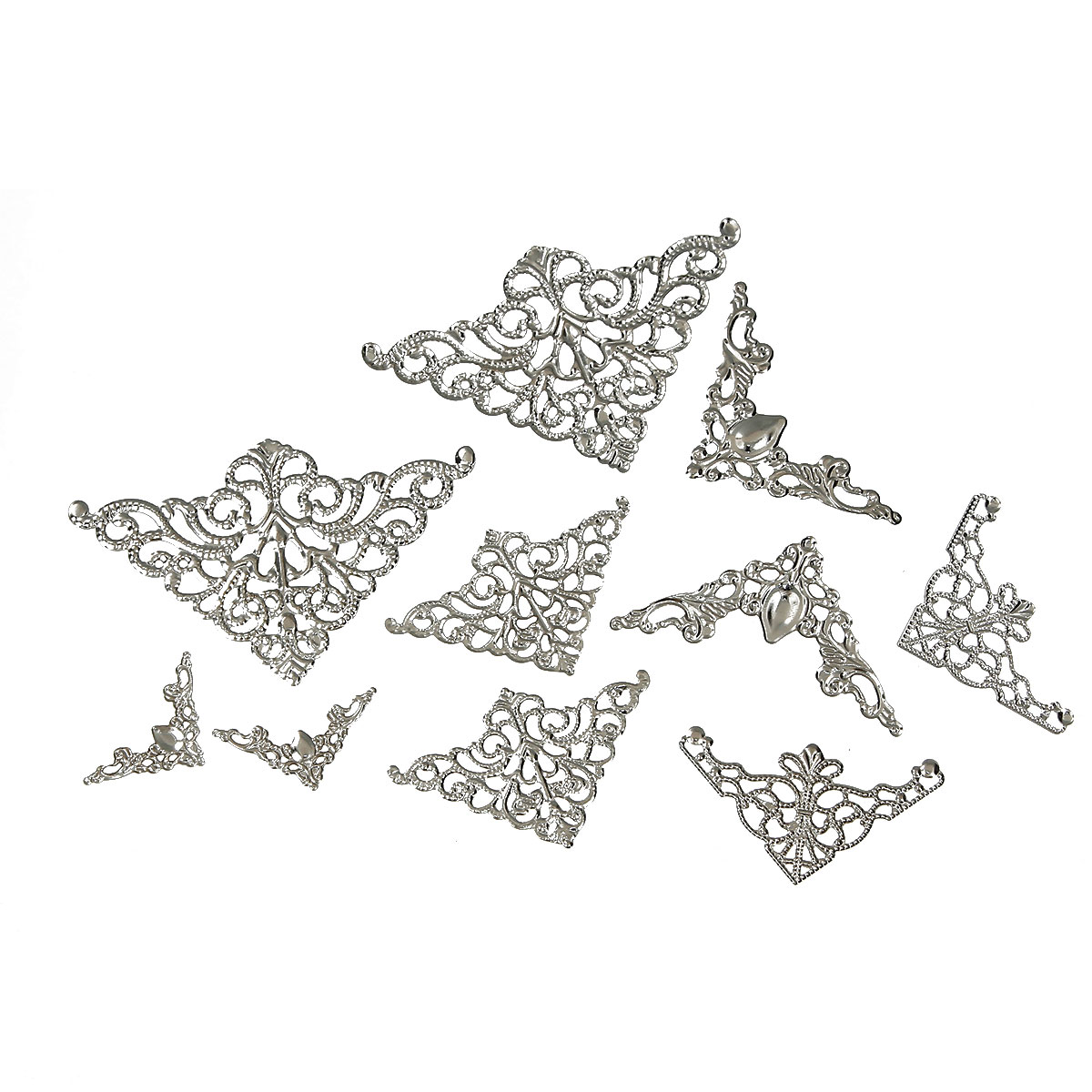 Picture of Zinc Based Alloy & Iron Based Alloy Filigree Stamping Embellishments Findings Fixed Triangle Silver Tone Flower Vine Carved Hollow 75mm x48mm(3" x1 7/8") - 22mm x22mm( 7/8" x 7/8"), 50 PCs