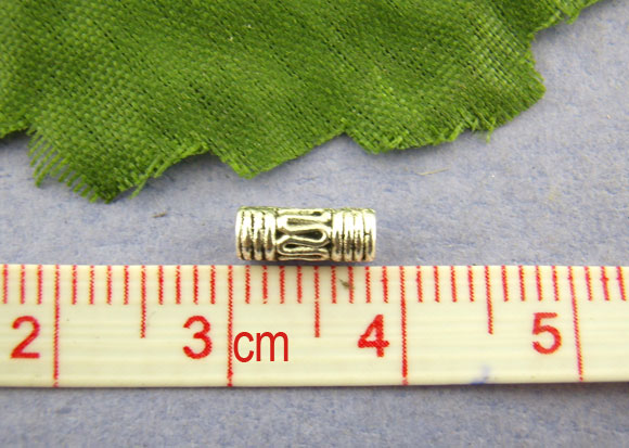 Picture of Zinc Based Alloy Spacer Beads Cylinder Antique Silver Carved About 10mm x 4mm, Hole:Approx 2.7mm, 60 PCs
