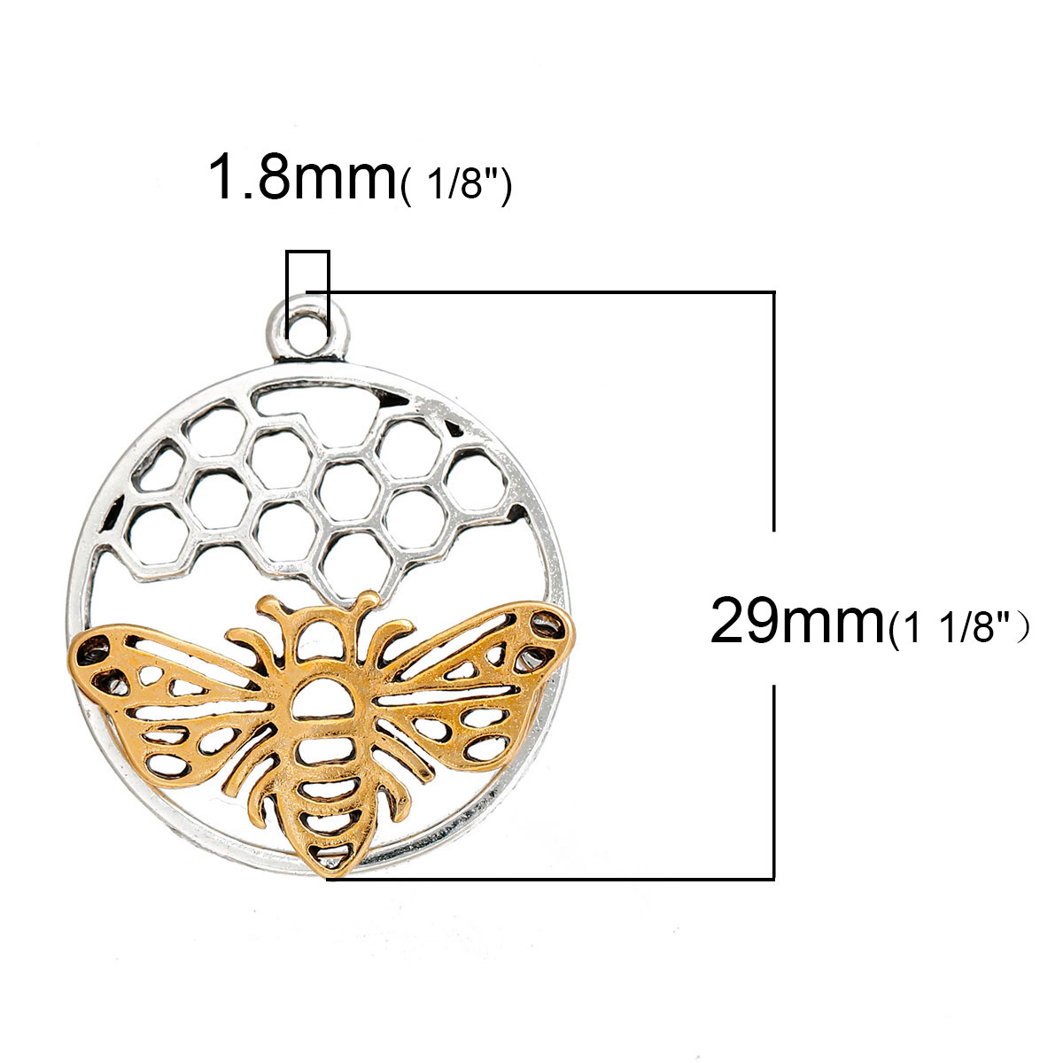 Picture of Zinc Based Alloy Charms Honeycomb Round Antique Silver & Gold Tone Antique Gold Bee Hollow 29mm(1 1/8") x 25mm(1"), 5 PCs