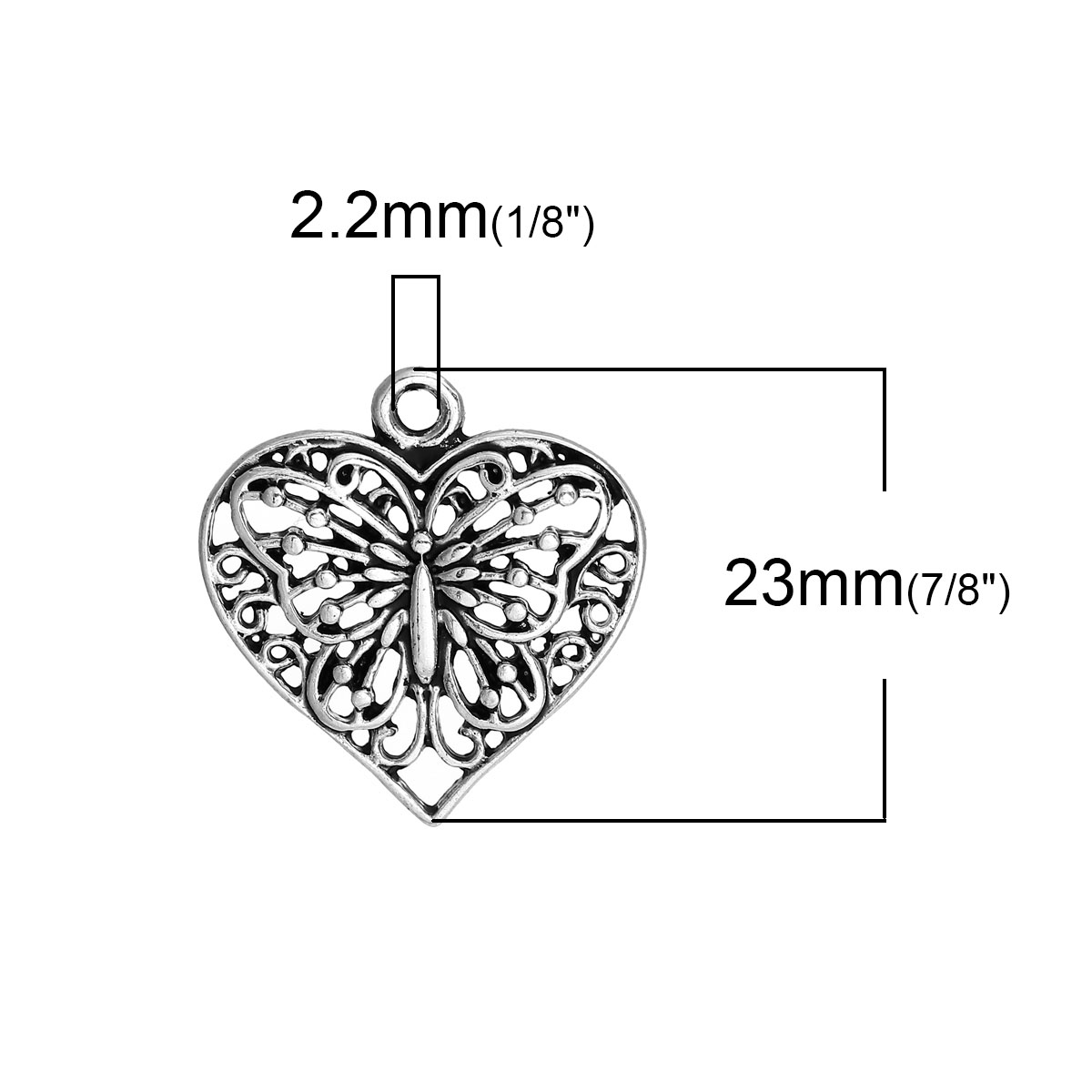 Picture of Zinc Based Alloy Charms Heart Antique Silver Butterfly Hollow 23mm( 7/8") x 22mm( 7/8"), 10 PCs