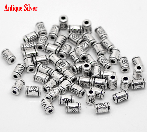 Picture of Zinc Based Alloy Spacer Beads Cylinder Antique Silver Flower Carved About 5mm x 3mm, Hole:Approx 1.7mm, 250 PCs