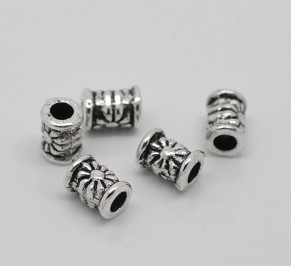 Picture of Zinc Based Alloy Spacer Beads Cylinder Antique Silver Flower Carved About 6mm Dia, Hole:Approx 2.6mm, 120 PCs