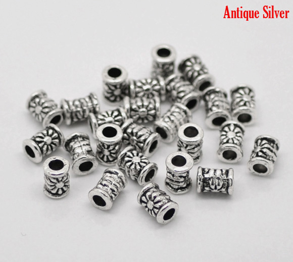 Picture of Zinc Based Alloy Spacer Beads Cylinder Antique Silver Flower Carved About 6mm Dia, Hole:Approx 2.6mm, 120 PCs