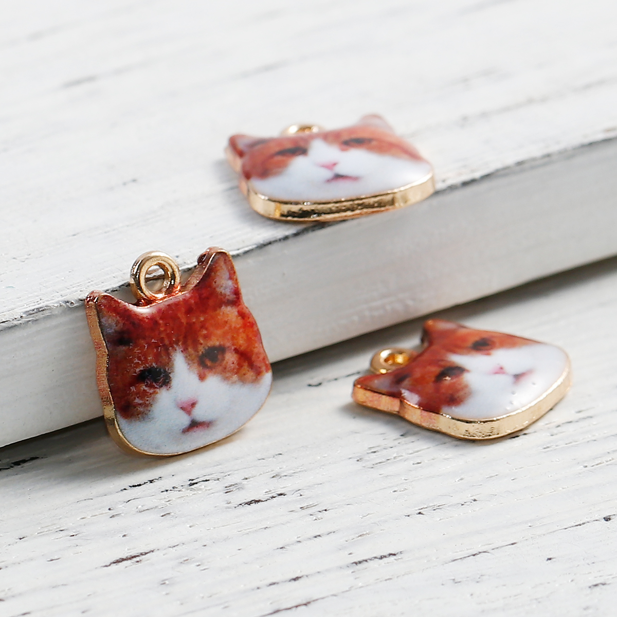 Picture of Zinc Based Alloy Charms Cat Animal Gold Plated Brown Enamel 13mm( 4/8") x 13mm( 4/8"), 10 PCs