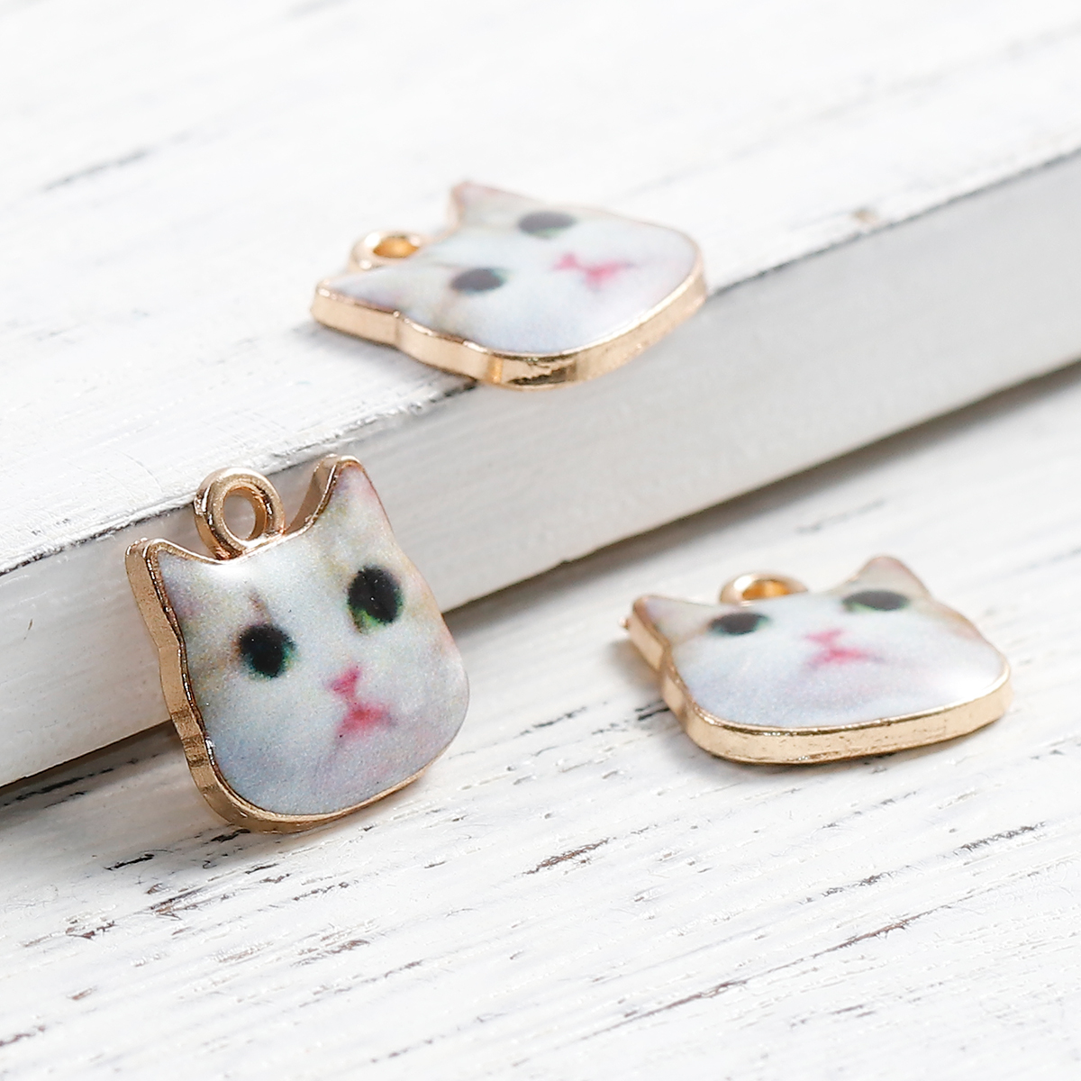 Picture of Zinc Based Alloy Charms Cat Animal Gold Plated Off-white Enamel 13mm( 4/8") x 13mm( 4/8"), 10 PCs