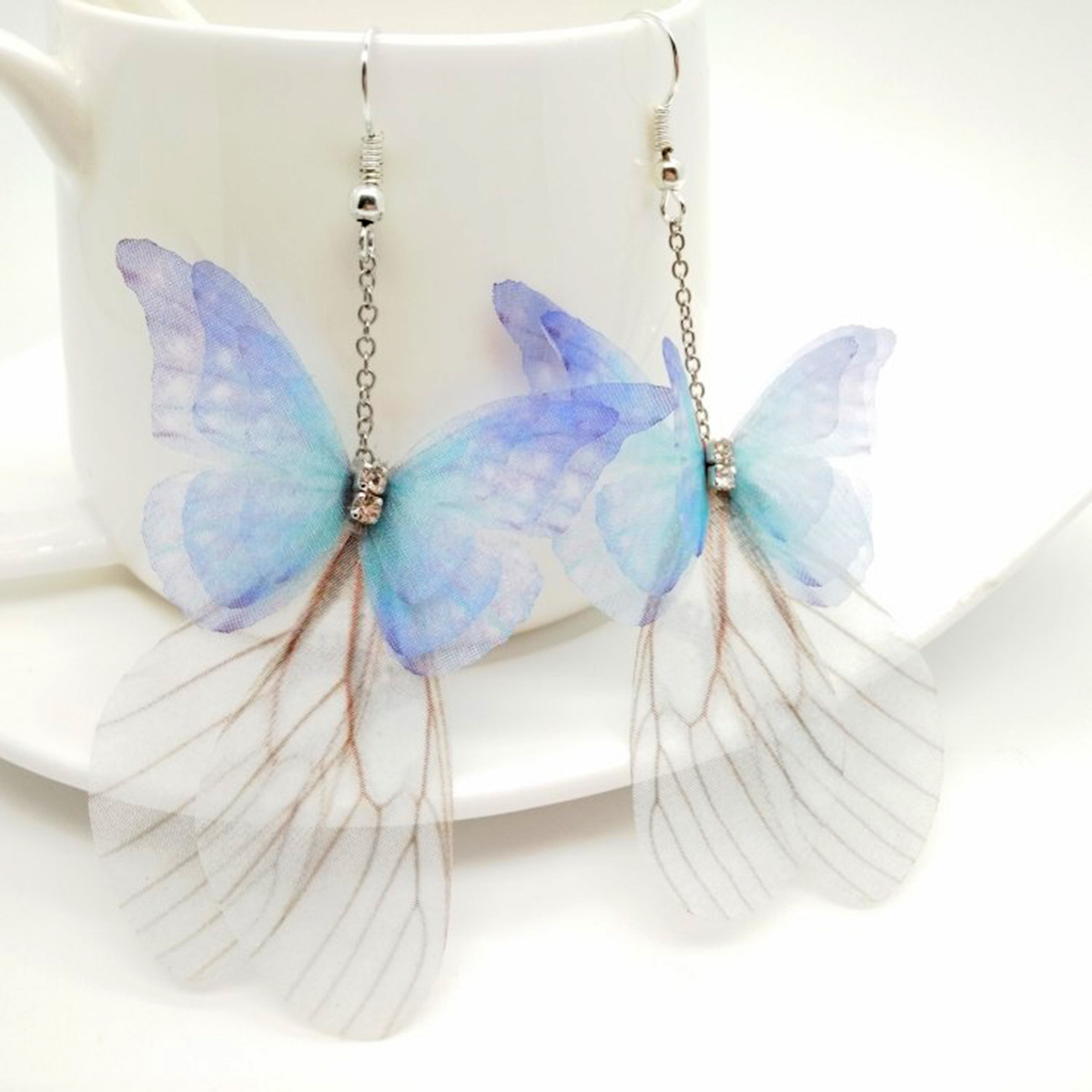 Picture of Ethereal Butterfly Earrings Silver Tone Light Blue Clear Rhinestone 79mm(3 1/8"), Post/ Wire Size: (20 gauge), 1 Pair