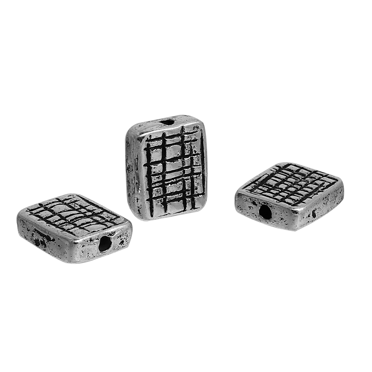 Picture of Zinc Based Alloy Spacer Beads Rectangle Antique Silver Color Grid Checker About 12mm x 10mm, Hole: Approx 1.9mm, 10 PCs