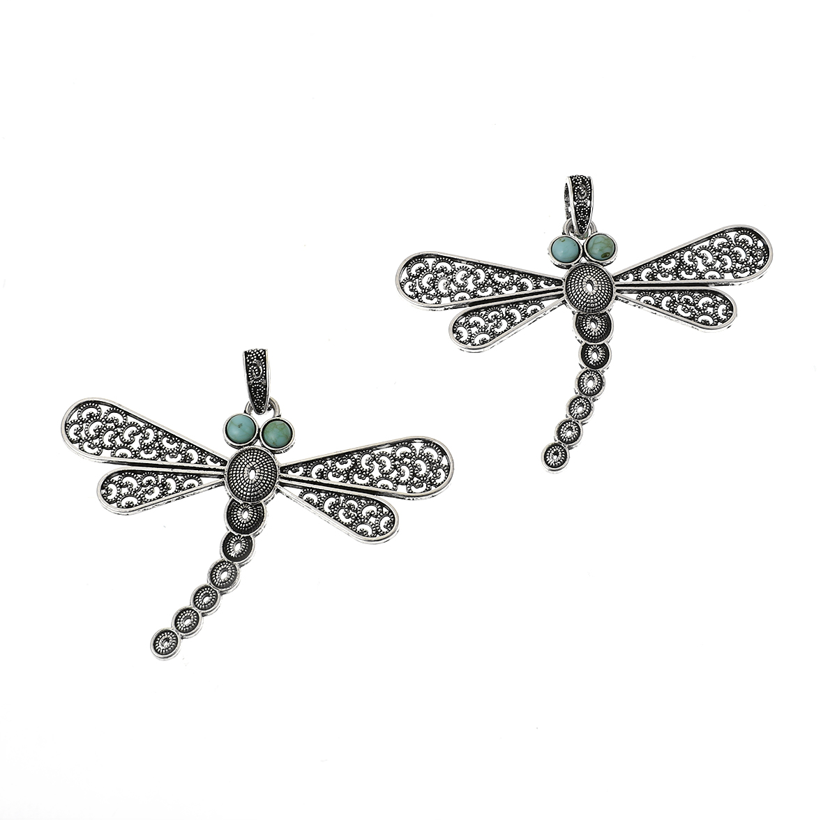 Picture of Zinc Based Alloy Pendants Dragonfly Animal Antique Silver Imitation Turquoise 85mm(3 3/8") x 72mm(2 7/8"), 3 PCs