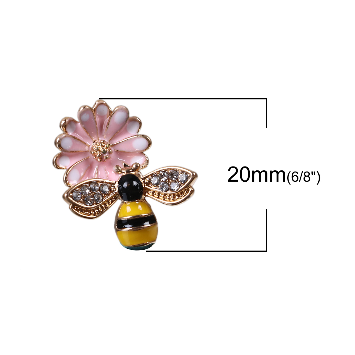 Picture of Zinc Based Alloy Charms Daisy Flower Yellow Pink Bee Clear Rhinestone Enamel 20mm( 6/8") x 18mm( 6/8"), 5 PCs