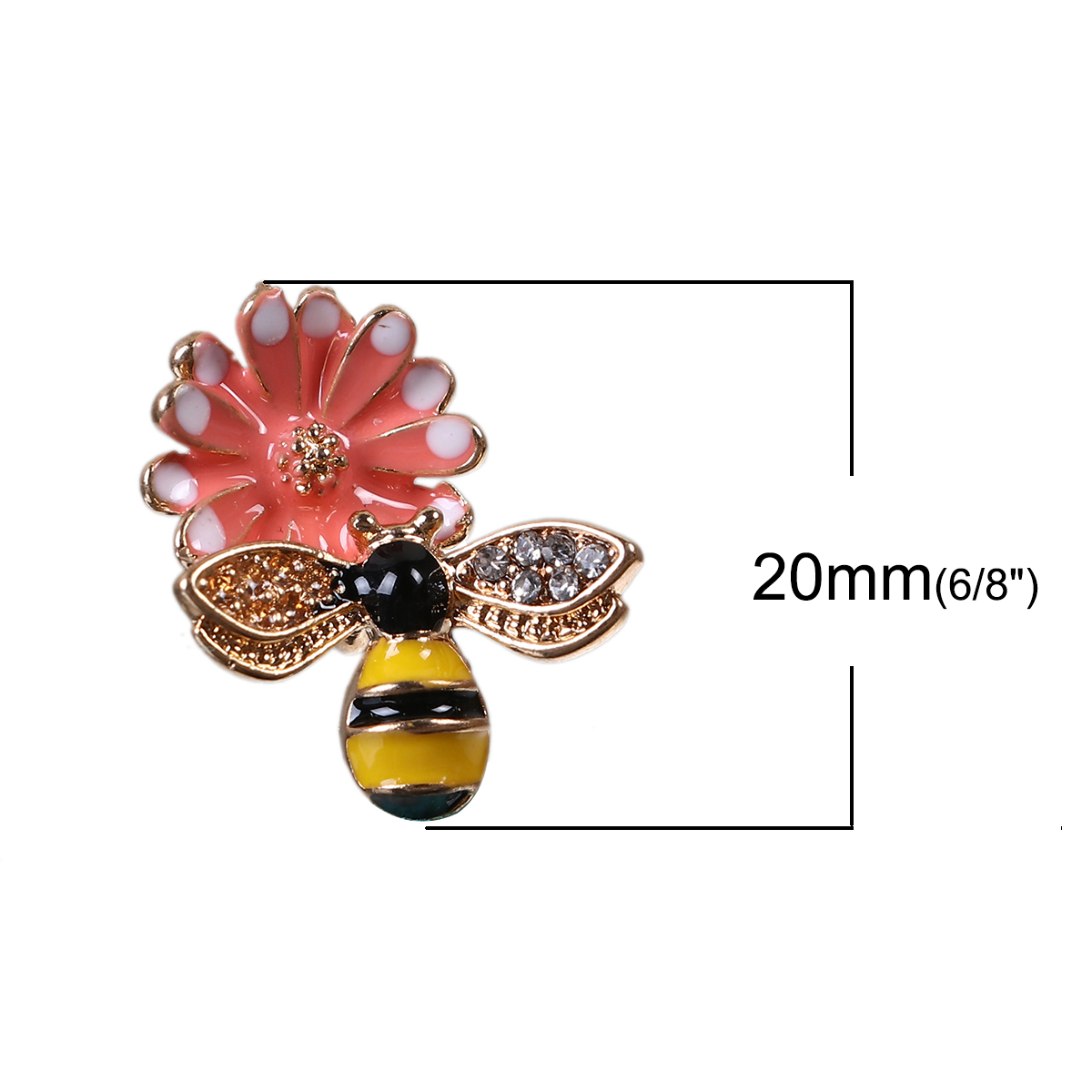 Picture of Zinc Based Alloy Charms Daisy Flower Orange Yellow Bee Clear Rhinestone Enamel 20mm( 6/8") x 18mm( 6/8"), 5 PCs