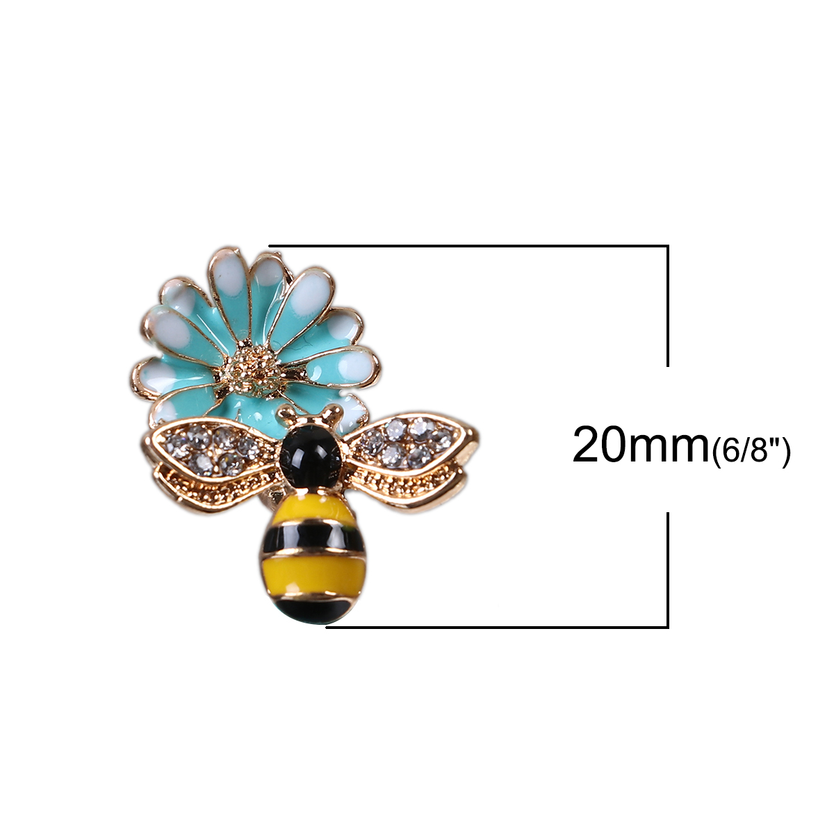 Picture of Zinc Based Alloy Charms Daisy Flower Yellow Light Blue Bee Clear Rhinestone Enamel 20mm( 6/8") x 18mm( 6/8"), 5 PCs
