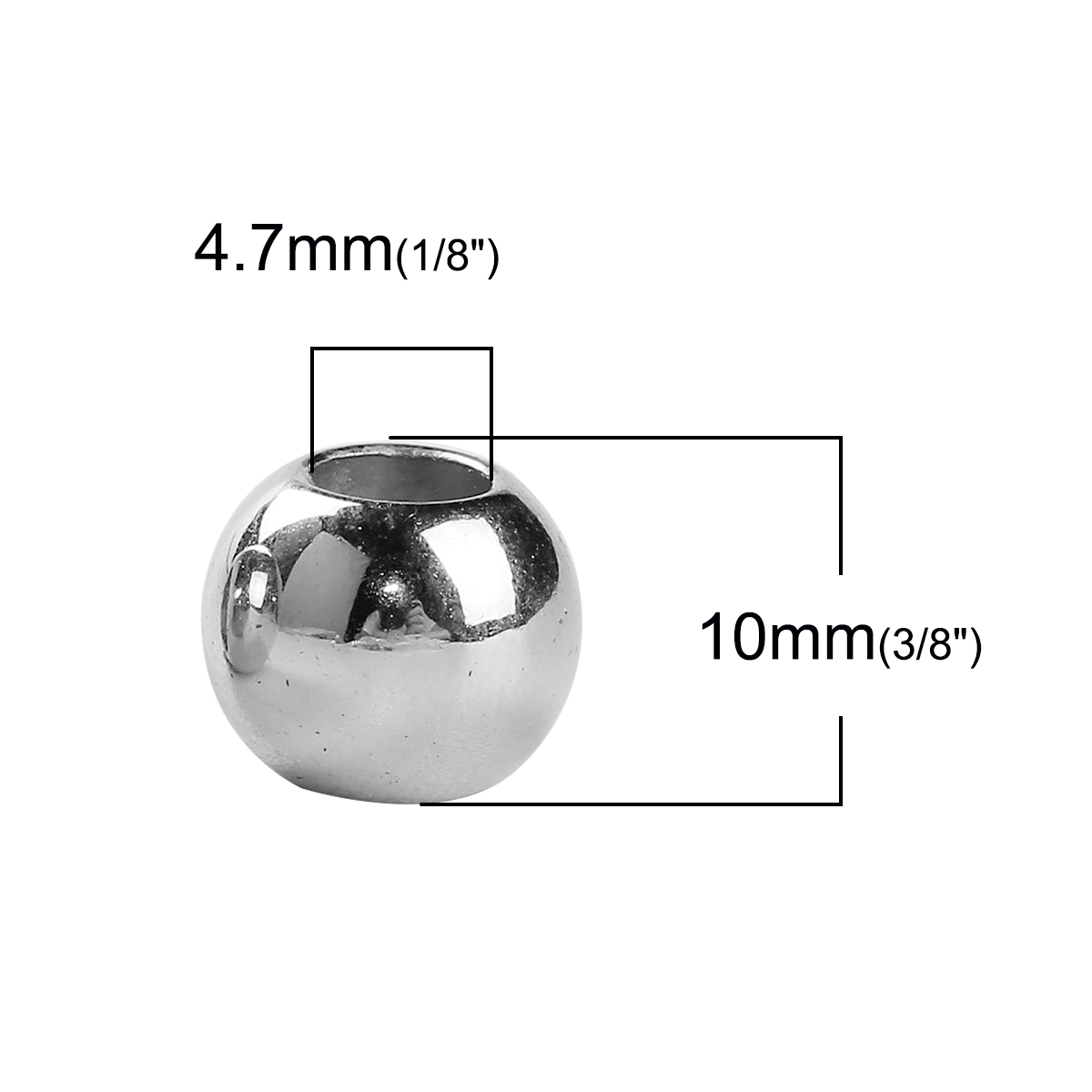 Picture of CCB Plastic European Style Large Hole Charm Beads Round Silver Tone About 10mm Dia, Hole: Approx 4.7mm, 200 PCs