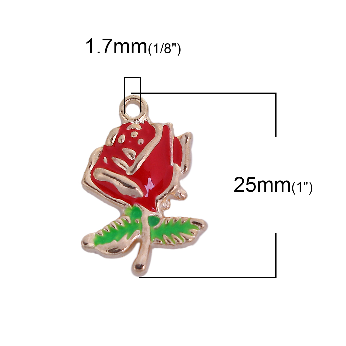 Picture of Zinc Based Alloy Enamel Flower Garden Style Charms Gold Plated Red & Green Rose Flower 25mm(1") x 17mm( 5/8"), 10 PCs