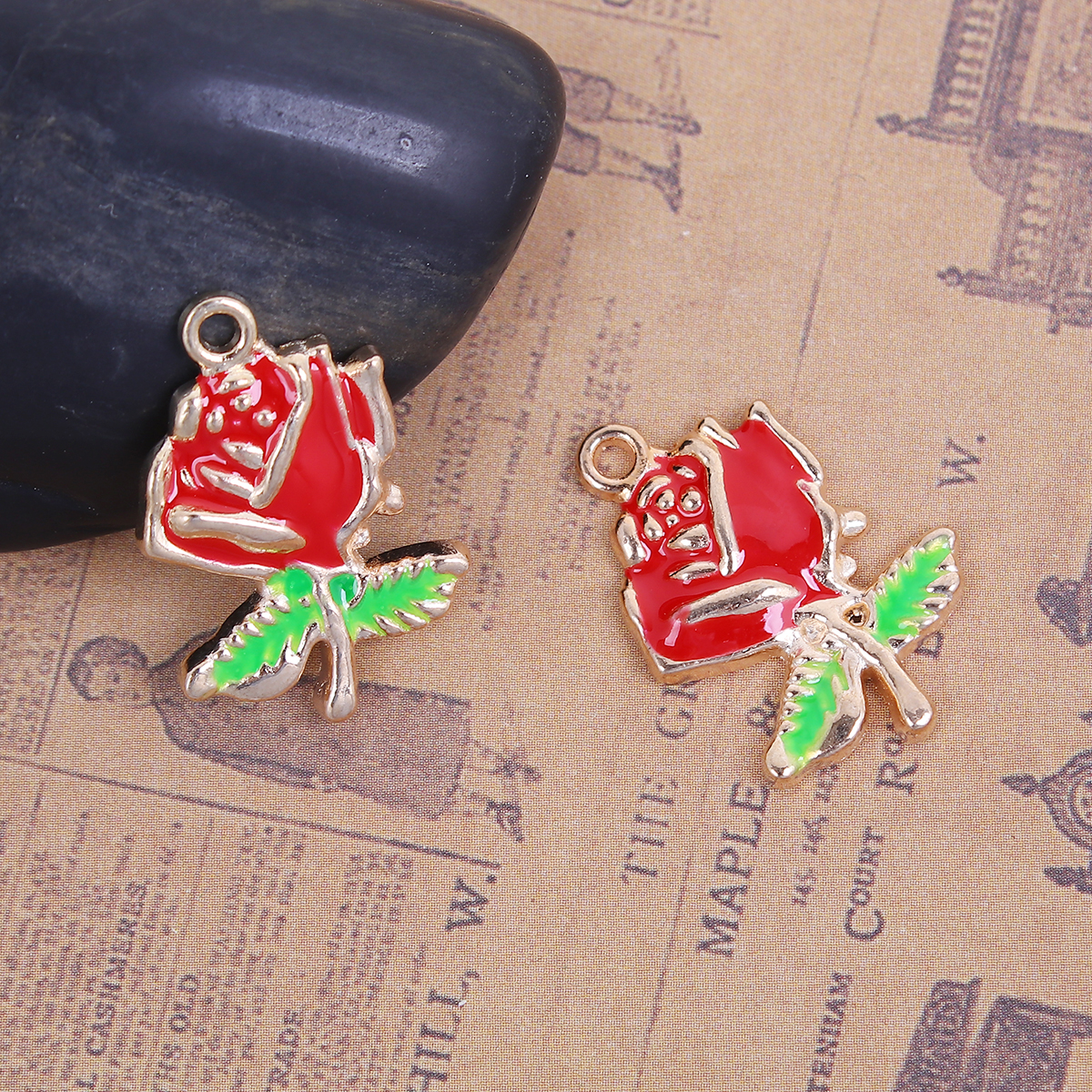 Picture of Zinc Based Alloy Enamel Flower Garden Style Charms Gold Plated Red & Green Rose Flower 25mm(1") x 17mm( 5/8"), 10 PCs