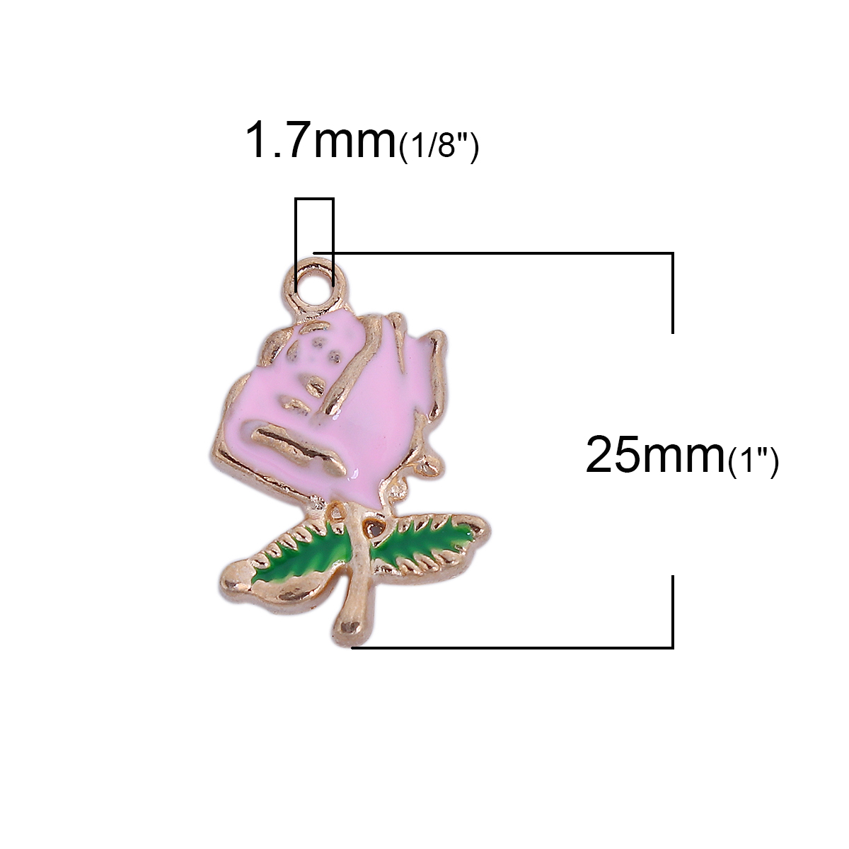 Picture of Zinc Based Alloy Enamel Flower Garden Style Charms Rose Flower Gold Plated Pink & Green 25mm(1") x 17mm( 5/8"), 10 PCs