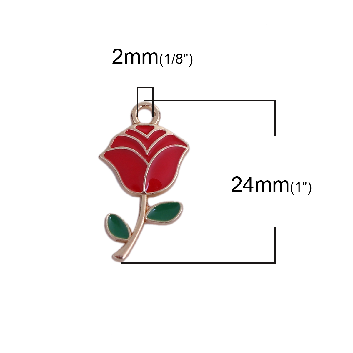 Picture of Zinc Based Alloy Enamel Flower Garden Style Charms Rose Flower Gold Plated Red & Green 24mm(1") x 13mm( 4/8"), 10 PCs