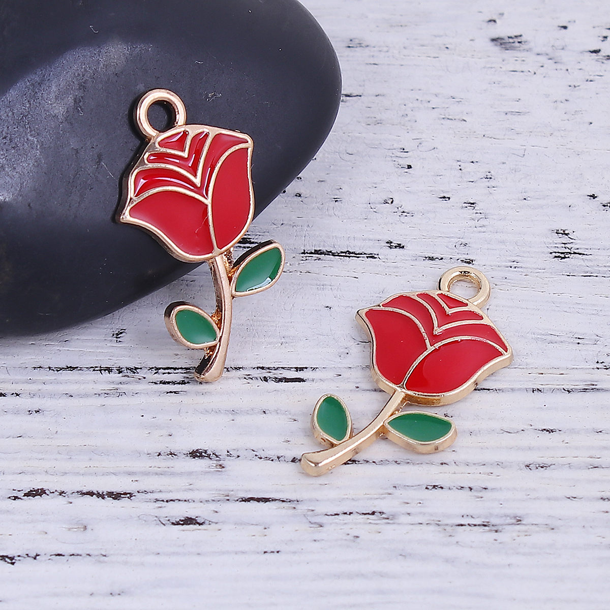Picture of Zinc Based Alloy Enamel Flower Garden Style Charms Rose Flower Gold Plated Red & Green 24mm(1") x 13mm( 4/8"), 10 PCs