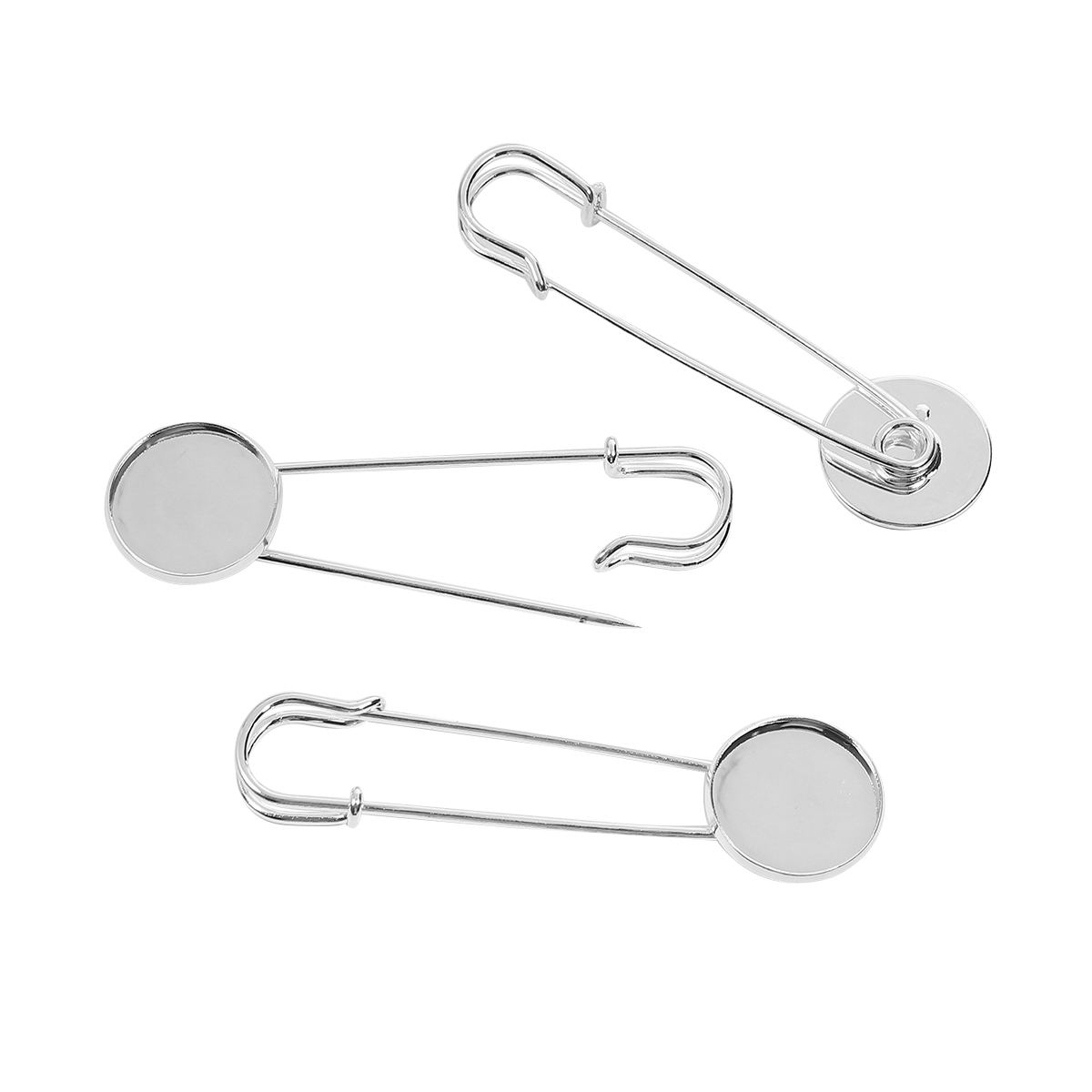 Picture of Iron Based Alloy Safety Pins Brooches Findings Round Silver Plated Cabochon Settings (Fits 20mm Dia.) 77mm(3") x 22mm( 7/8"), 10 PCs