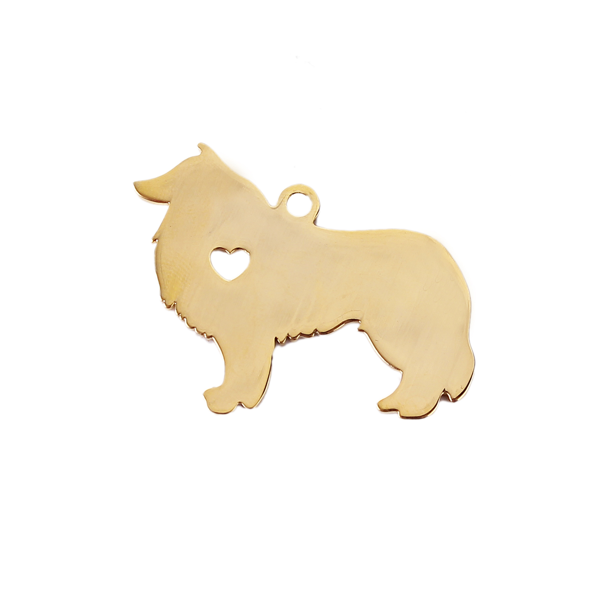 Picture of 304 Stainless Steel Pet Silhouette Pendants Collie Animal Heart Gold Plated Blank Stamping Tags One Side 31mm x 24mm, 1 Piece