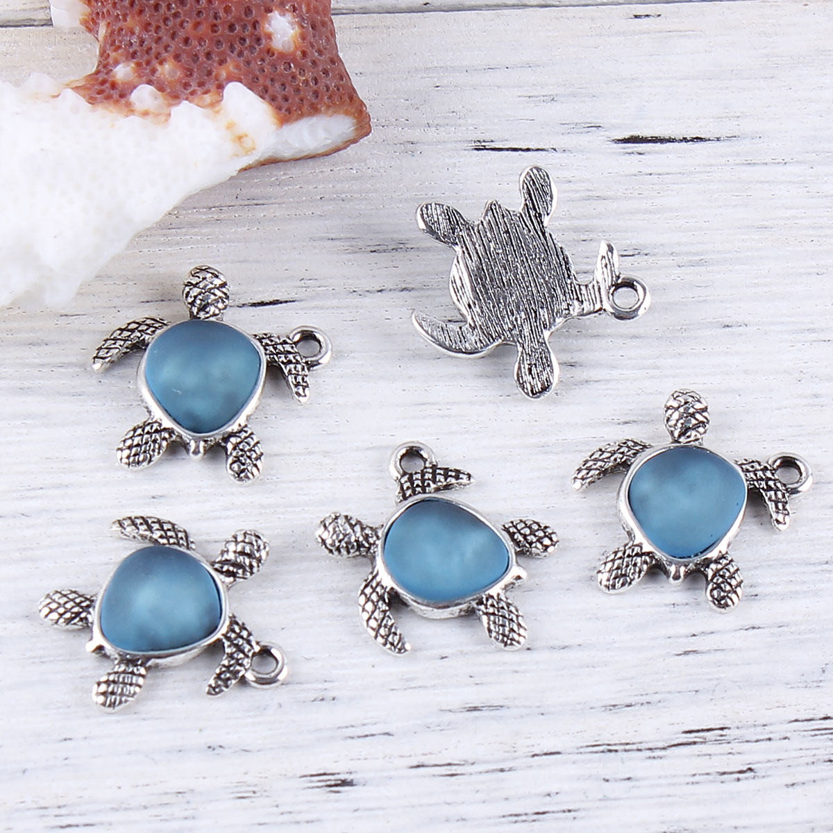 Picture of Zinc Based Alloy Sea Glass Charms Sea Turtle Animal Antique Silver Blue 21mm( 7/8") x 20mm( 6/8"), 5 PCs