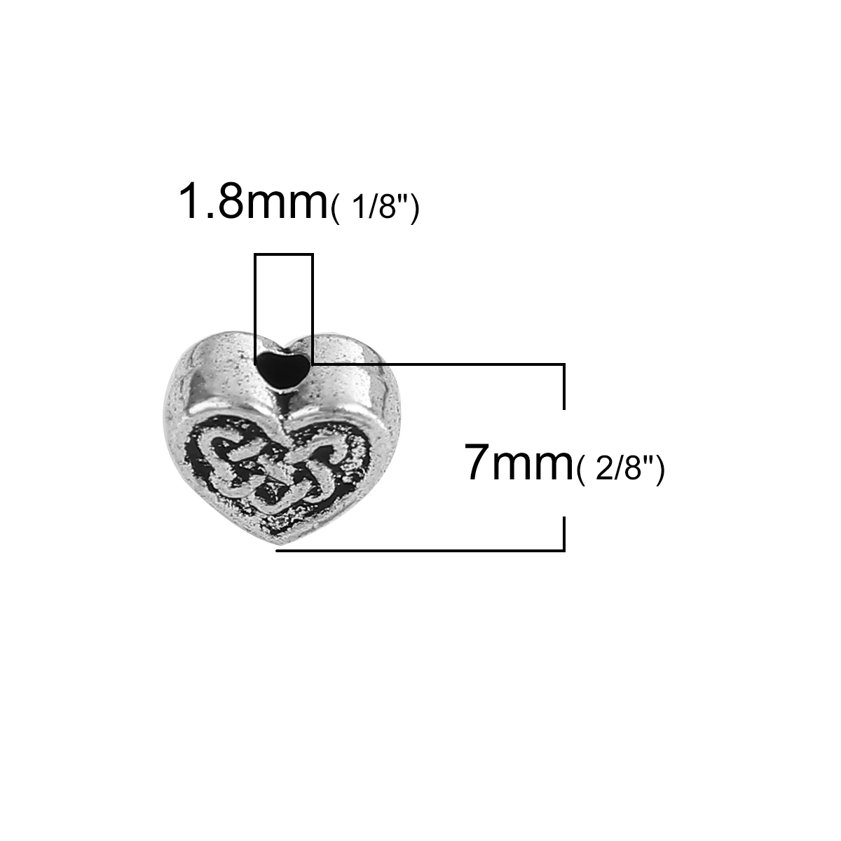 Picture of Zinc Based Alloy Beads Heart Antique Silver Color Chinese Knot About 7mm x 7mm, Hole: Approx 1.8mm, 100 PCs