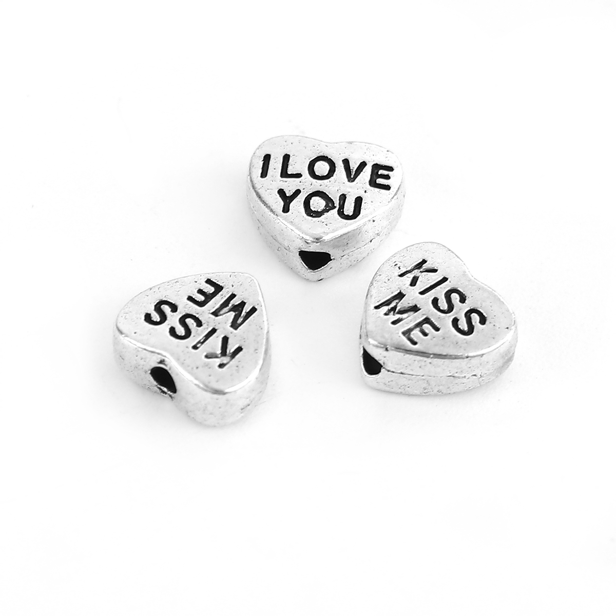Picture of Zinc Based Alloy Beads Heart Antique Silver Color Word Message Message " I LOVE YOU KISS ME " About 8mm x 7mm, 100 PCs