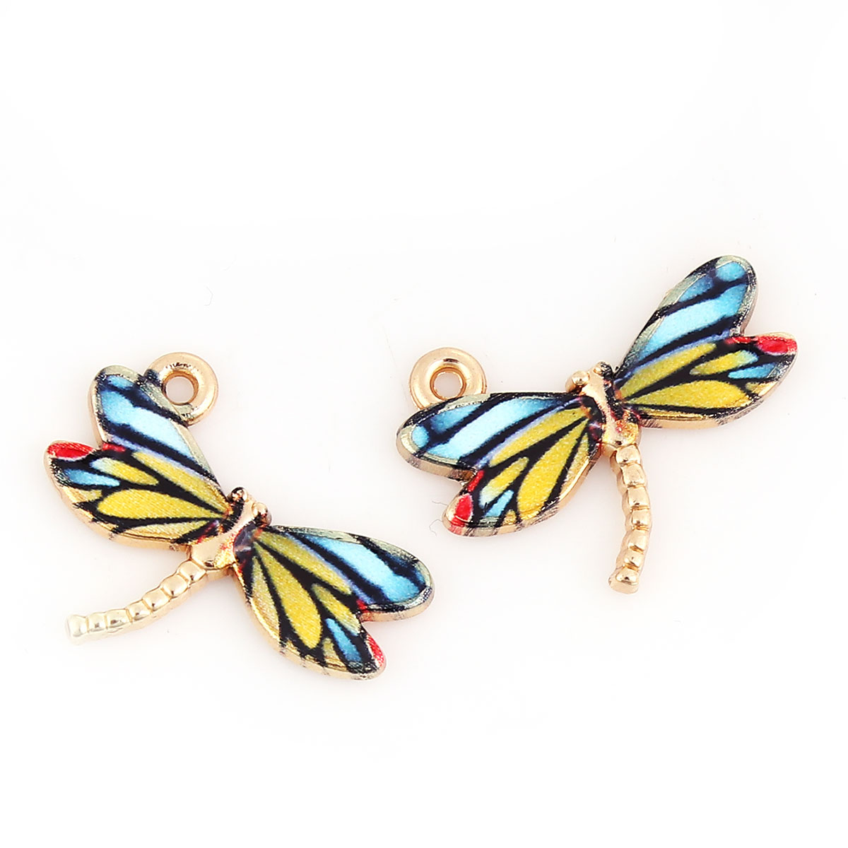 Picture of Zinc Based Alloy Charms Dragonfly Animal Gold Plated Multicolor Enamel 22mm( 7/8") x 17mm( 5/8"), 10 PCs