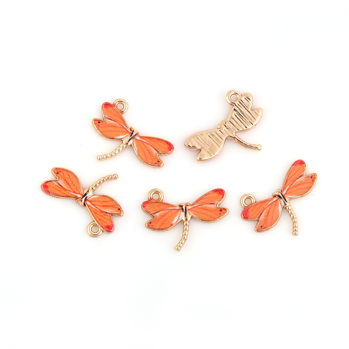 Picture of Zinc Based Alloy Charms Dragonfly Animal Gold Plated Orange Enamel 22mm( 7/8") x 17mm( 5/8"), 10 PCs