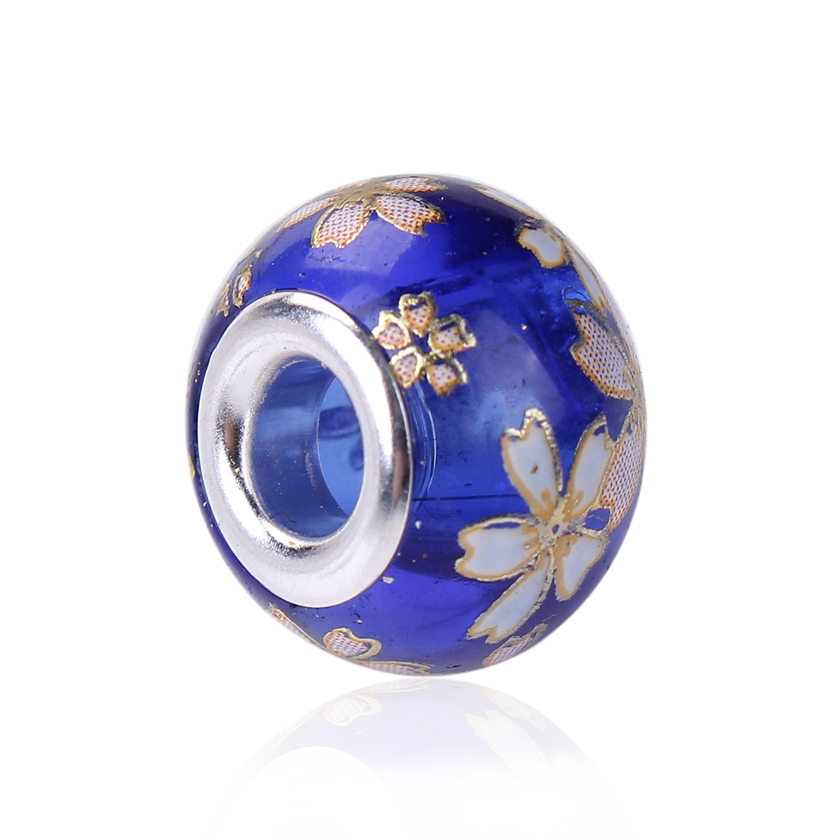 Picture of Glass Japan Painting Vintage Japanese Tensha European Style Large Hole Charm Beads Round Silver Plated Sakura Flower Royal Blue Transparent About 14mm( 4/8") Dia, Hole: Approx 4.7mm, 5 PCs