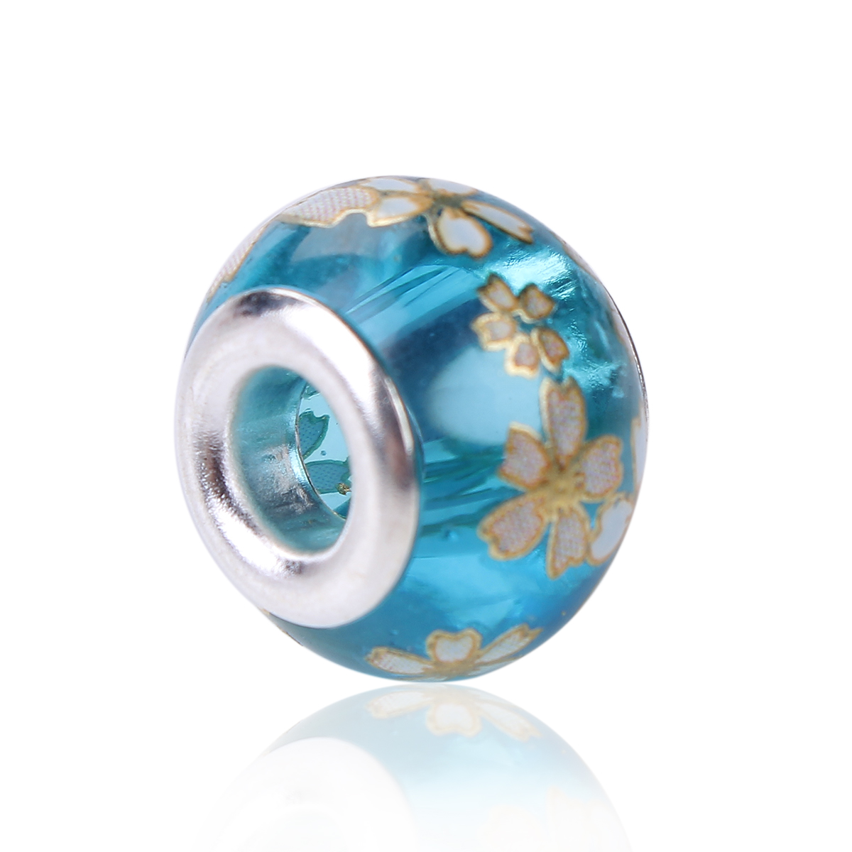 Picture of Glass Japan Painting Vintage Japanese Tensha European Style Large Hole Charm Beads Round Silver Plated Sakura Flower Lake Blue Transparent About 14mm( 4/8") Dia, Hole: Approx 4.7mm, 5 PCs