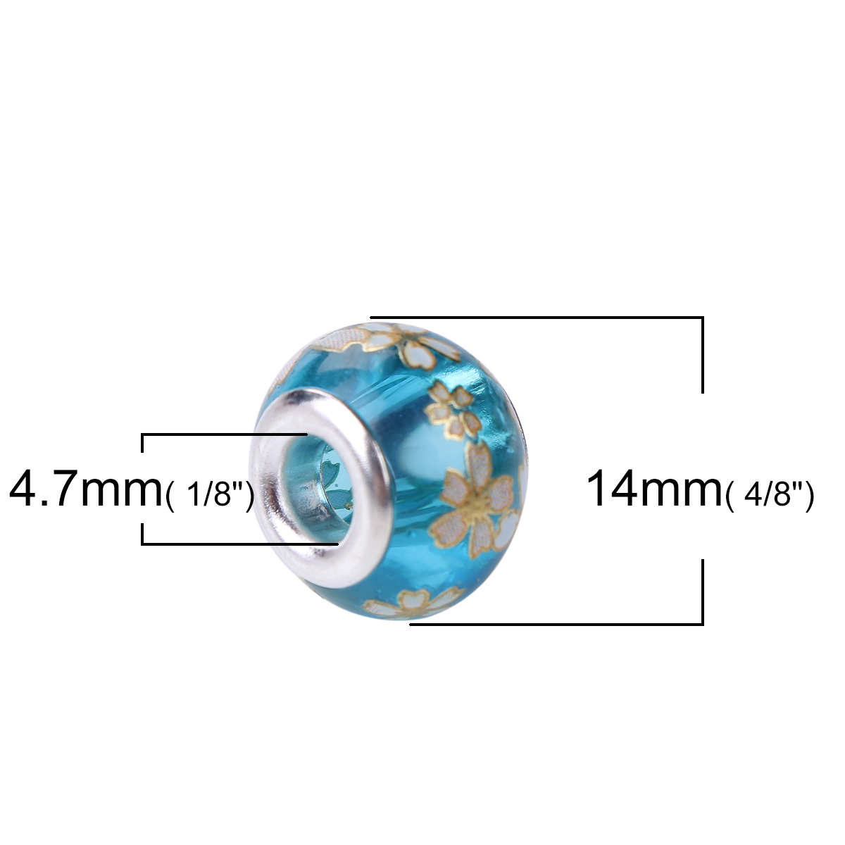 Picture of Glass Japan Painting Vintage Japanese Tensha European Style Large Hole Charm Beads Round Silver Plated Sakura Flower Lake Blue Transparent About 14mm( 4/8") Dia, Hole: Approx 4.7mm, 5 PCs