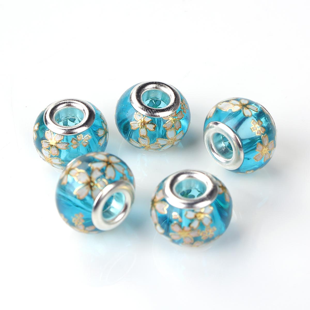 Picture of Glass Japan Painting Vintage Japanese Tensha European Style Large Hole Charm Beads Round Silver Plated Sakura Flower Lake Blue Transparent About 14mm( 4/8") Dia, Hole: Approx 4.7mm, 5 PCs