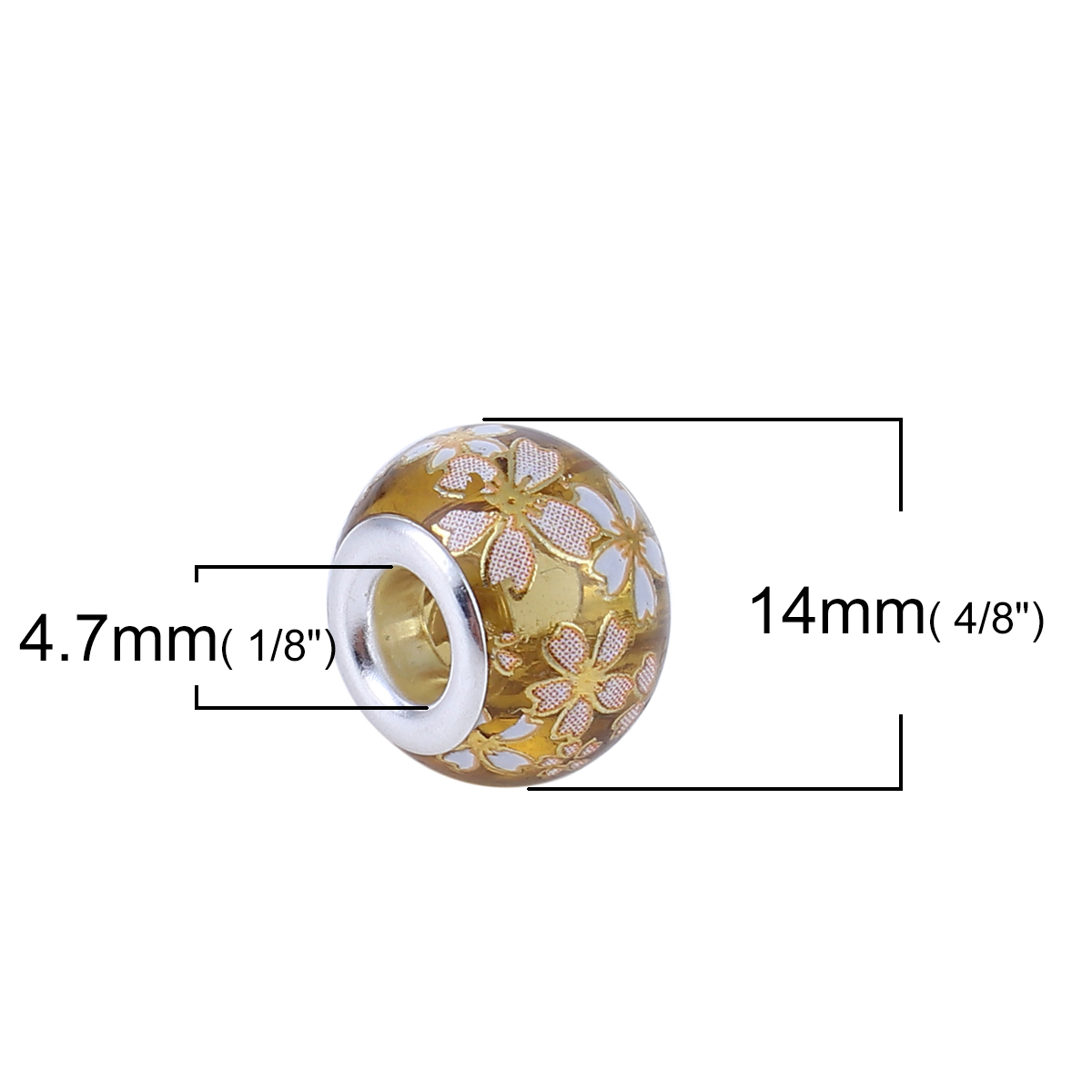 Picture of Glass Japan Painting Vintage Japanese Tensha European Style Large Hole Charm Beads Round Silver Plated Sakura Flower Amber Transparent About 14mm( 4/8") Dia, Hole: Approx 4.7mm, 5 PCs