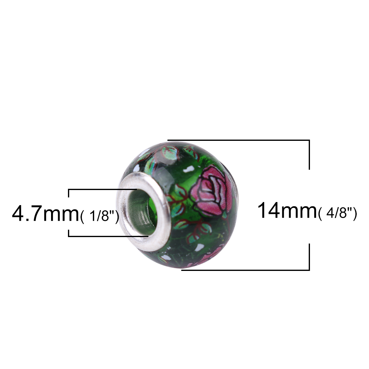 Picture of Glass Japan Painting Vintage Japanese Tensha European Style Large Hole Charm Beads Round Silver Plated Rose Flower Dark Green Transparent About 14mm( 4/8") Dia, Hole: Approx 4.7mm, 5 PCs