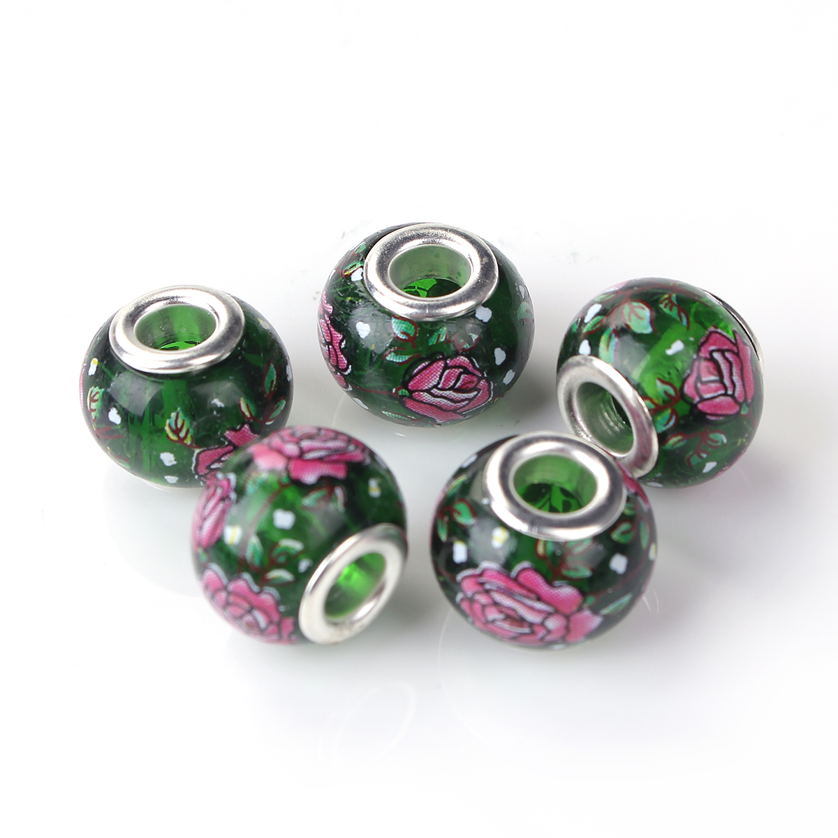 Picture of Glass Japan Painting Vintage Japanese Tensha European Style Large Hole Charm Beads Round Silver Plated Rose Flower Dark Green Transparent About 14mm( 4/8") Dia, Hole: Approx 4.7mm, 5 PCs