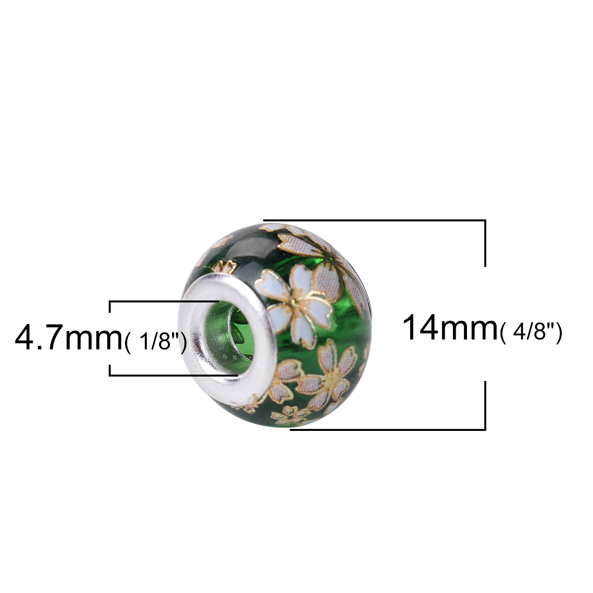 Picture of Glass Japan Painting Vintage Japanese Tensha European Style Large Hole Charm Beads Round Silver Plated Sakura Flower Green Transparent About 14mm( 4/8") Dia, Hole: Approx 4.7mm, 5 PCs