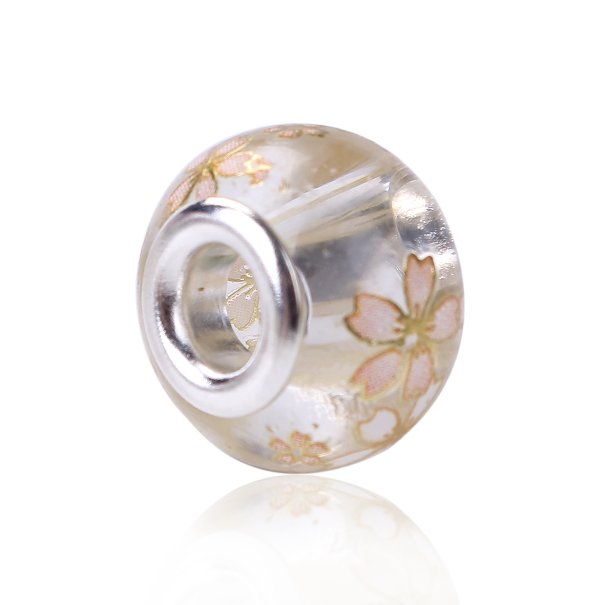 Picture of Glass Japan Painting Vintage Japanese Tensha European Style Large Hole Charm Beads Round Silver Plated Sakura Flower Transparent Clear About 14mm( 4/8") Dia, Hole: Approx 4.7mm, 5 PCs