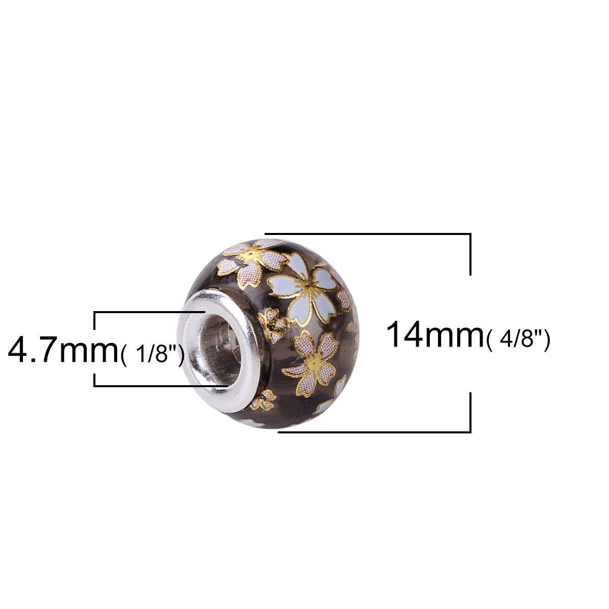 Picture of Glass Japan Painting Vintage Japanese Tensha European Style Large Hole Charm Beads Round Silver Plated Sakura Flower Black Transparent About 14mm( 4/8") Dia, Hole: Approx 4.7mm, 5 PCs